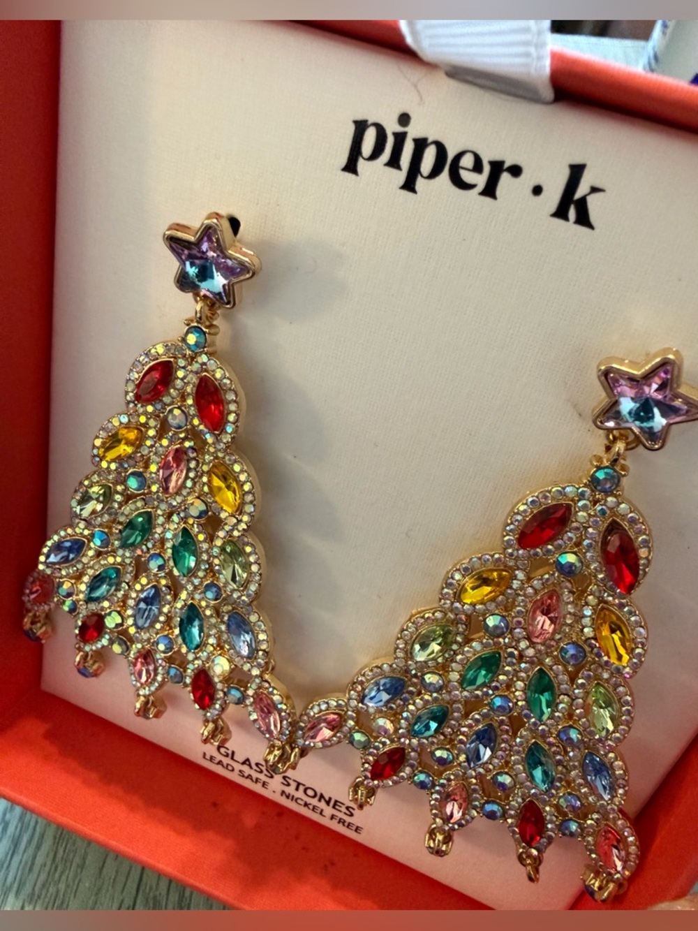 Piper K. Glass Stone Christmas Tree Earrings New In Box For Pierced Ears Gift